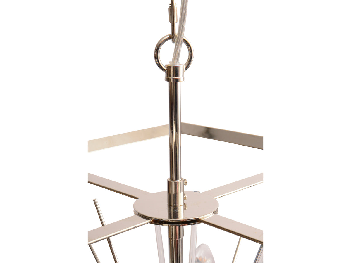 Close-up of the pendant's polished suspension stem and ring above the crossing supports of the cube frame.