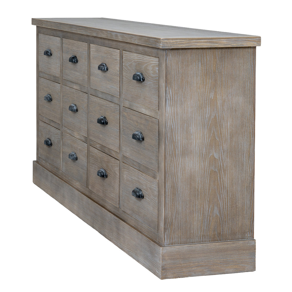 Angled view of the chest showing its right side, projecting top edge, rows of dark cup pulls and light vertical grain markings.
