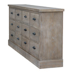 Angled view of the chest showing its right side, projecting top edge, rows of dark cup pulls and light vertical grain markings.