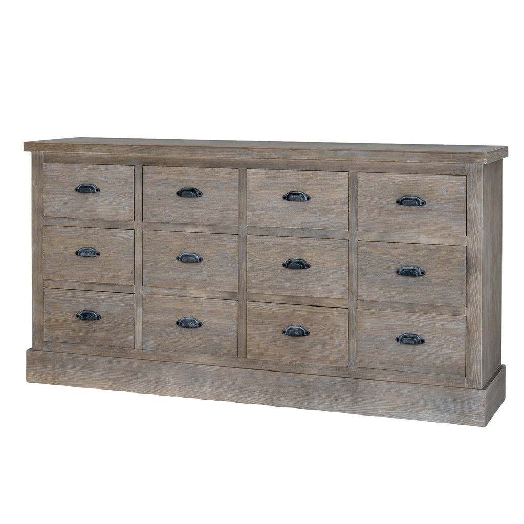 Pale-brown chest viewed almost straight on, showing twelve drawer fronts in a four-by-three grid, dark cup pulls and a continuous plinth base.