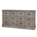 Pale-brown chest viewed almost straight on, showing twelve drawer fronts in a four-by-three grid, dark cup pulls and a continuous plinth base.