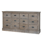 Pale-brown chest viewed almost straight on, showing twelve drawer fronts in a four-by-three grid, dark cup pulls and a continuous plinth base.