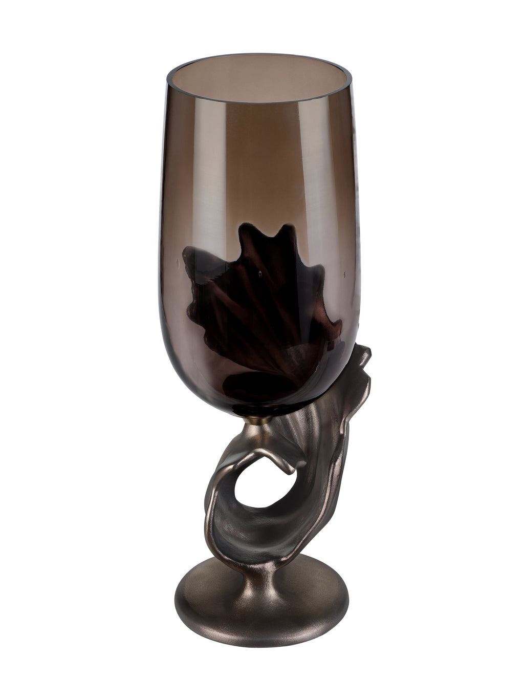 Rear view showing the rounded smoked-glass vessel and the open loop in the bronze-toned base.