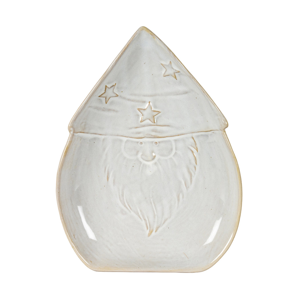 Overhead view of the Santa-shaped dish with a pointed hat, three stars, outlined smiling face and long curling beard.