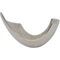 Silver-coloured decorative bowl viewed from the front, showing raised curled sides and a low central opening.
