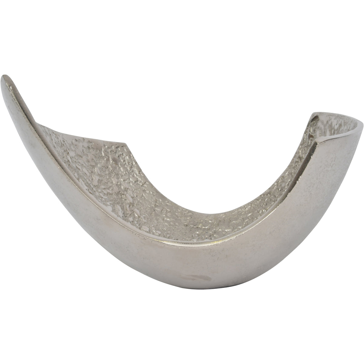 Silver-coloured decorative bowl viewed from the front, showing raised curled sides and a low central opening.