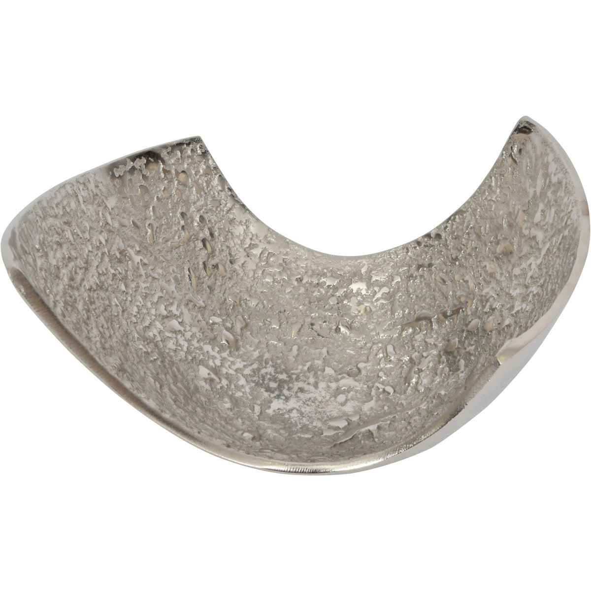 View into the decorative bowl, showing its irregular textured interior and deeply dipping rim.