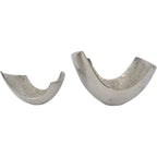Two silver-coloured curled-edge decorative bowls shown side by side, with the smaller bowl on the left.