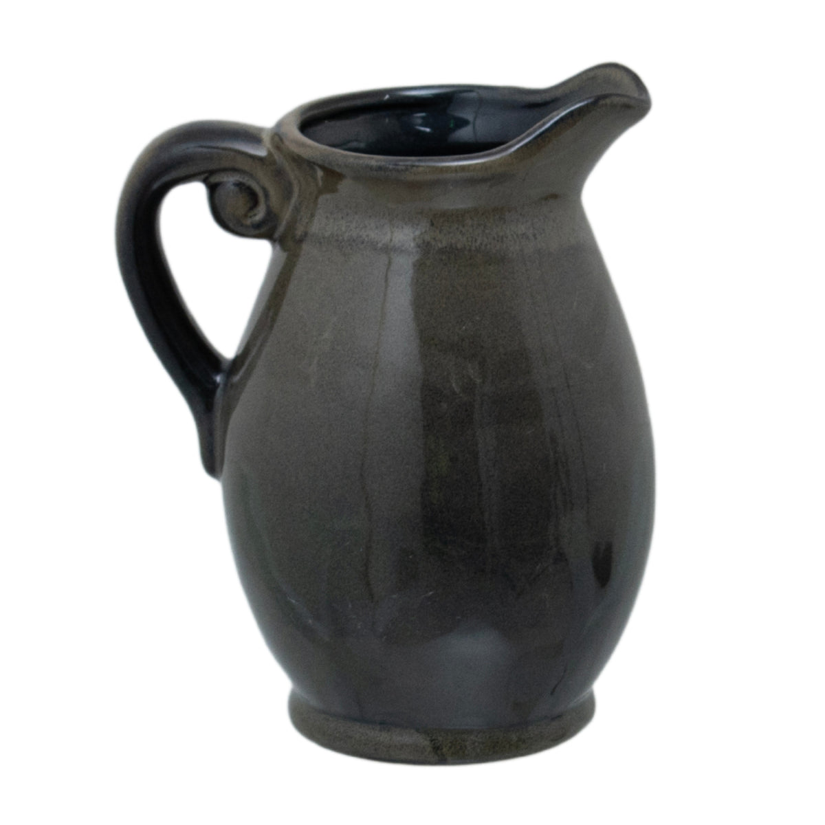 Dark glossy rounded vase on a circular foot, with a curled loop handle on the left and a raised lip on the right.