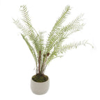 Artificial fern with spreading green fronds and upright brown curled shoots in a white cylindrical pot against a white background.