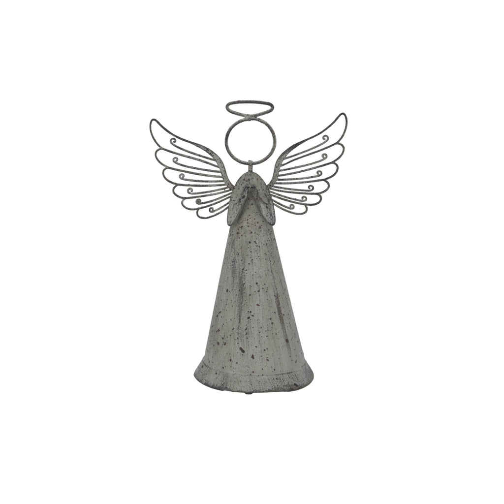 Front view of a weathered grey standing angel with folded hands, a conical robe, circular head, halo and curled open wings.