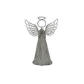 Front view of a weathered grey standing angel with folded hands, a conical robe, circular head, halo and curled open wings.