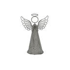 Front view of a weathered grey standing angel with folded hands, a conical robe, circular head, halo and curled open wings.