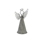 Angled view of the grey angel decoration showing its speckled tapered robe, projecting folded hands and sweeping wings with curled feather outlines.