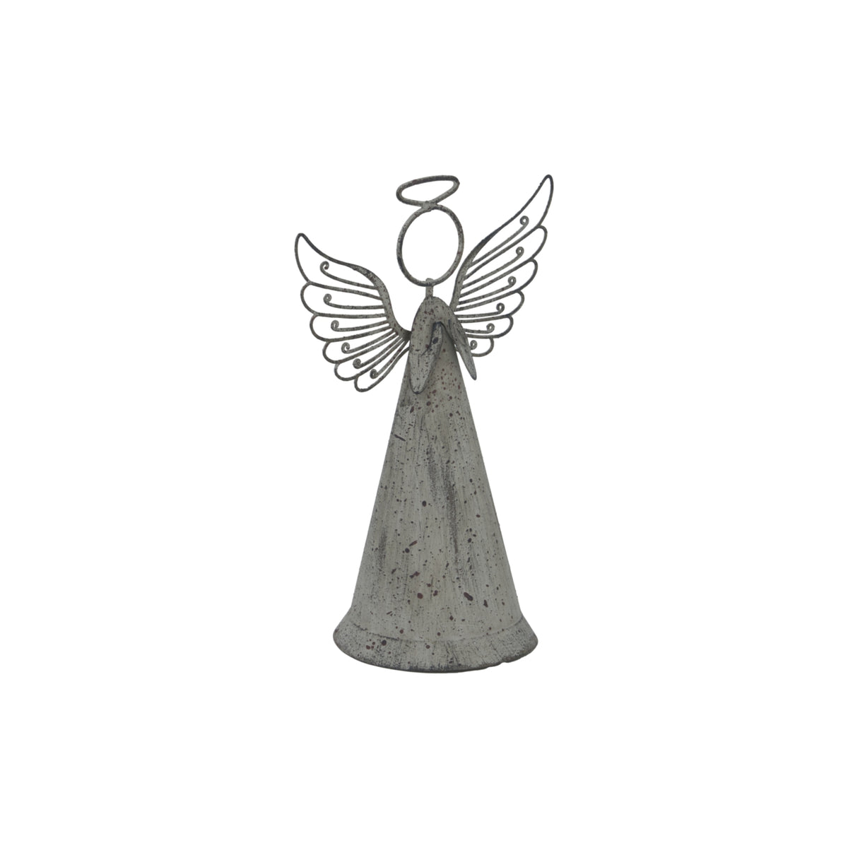 Angled view of the grey angel decoration showing its speckled tapered robe, projecting folded hands and sweeping wings with curled feather outlines.