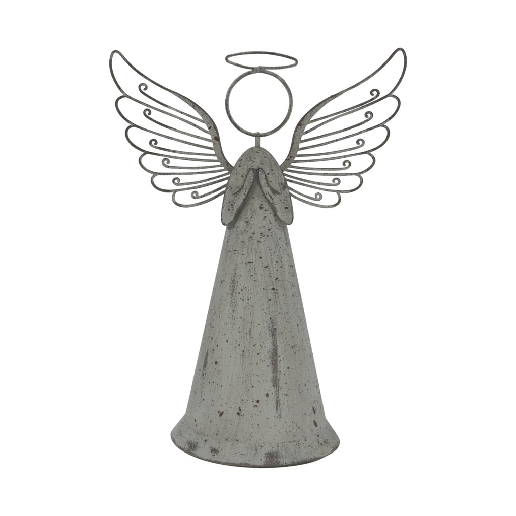 Front view of a weathered grey standing angel with folded hands, a long conical robe, circular head and halo, and broad wings with curled outlines.