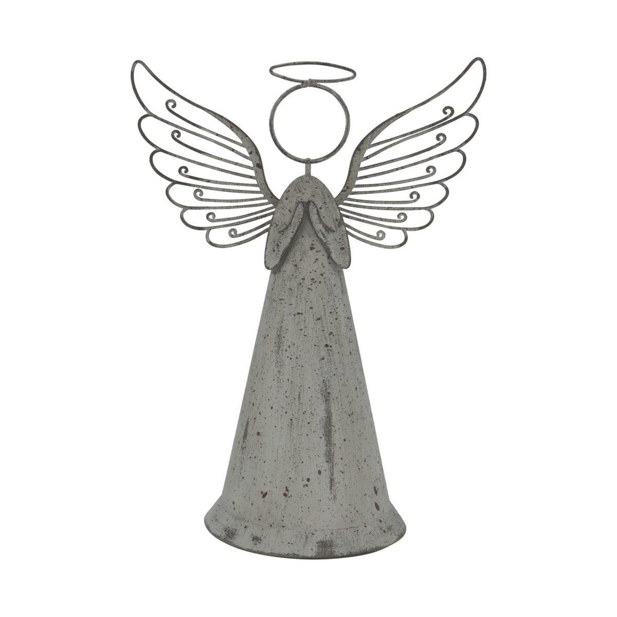 Front view of a weathered grey standing angel with folded hands, a long conical robe, circular head and halo, and broad wings with curled outlines.
