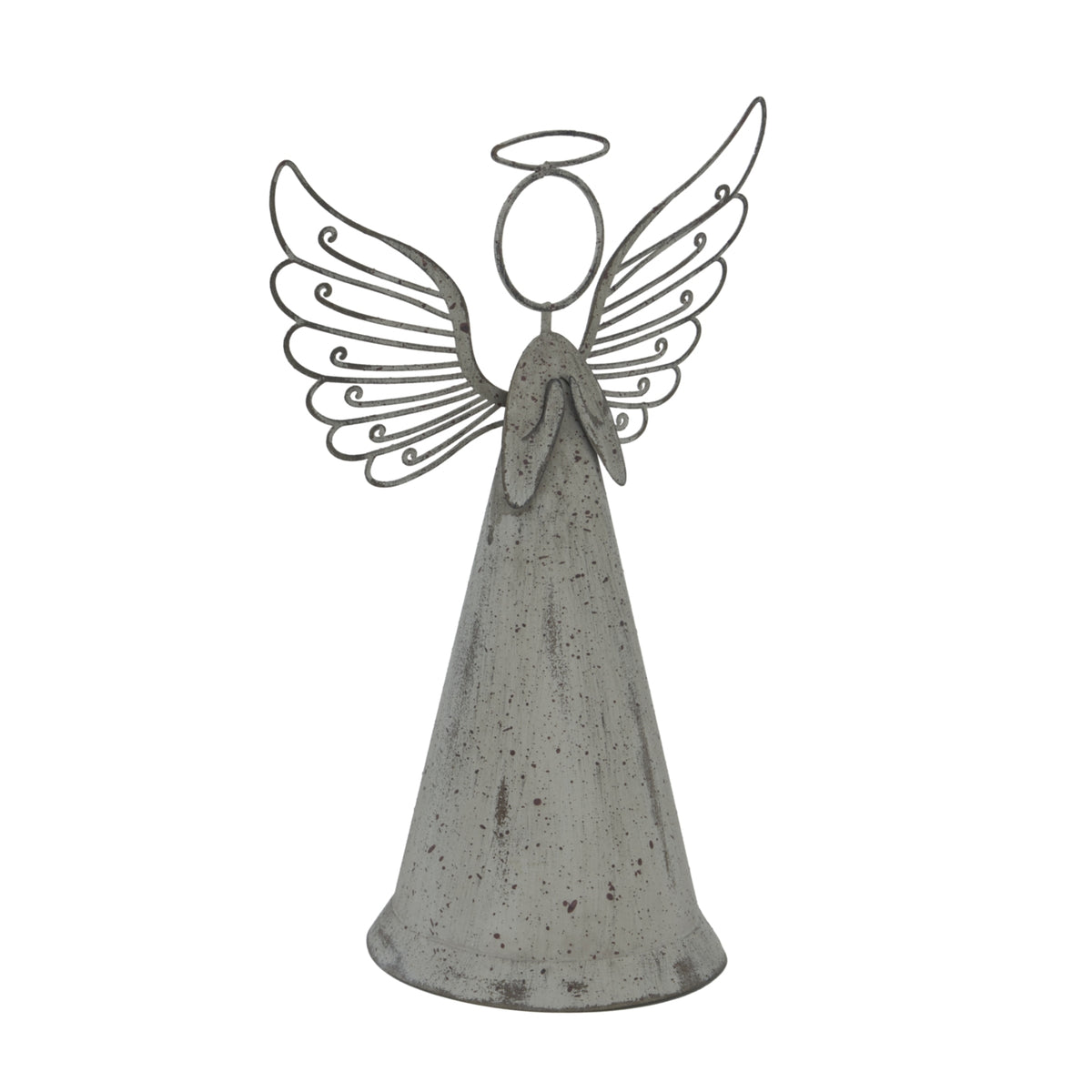Angled view of the grey angel decoration showing the curved robe, dark flecks across its surface and open curled wings rising beside the loop-shaped head and halo.