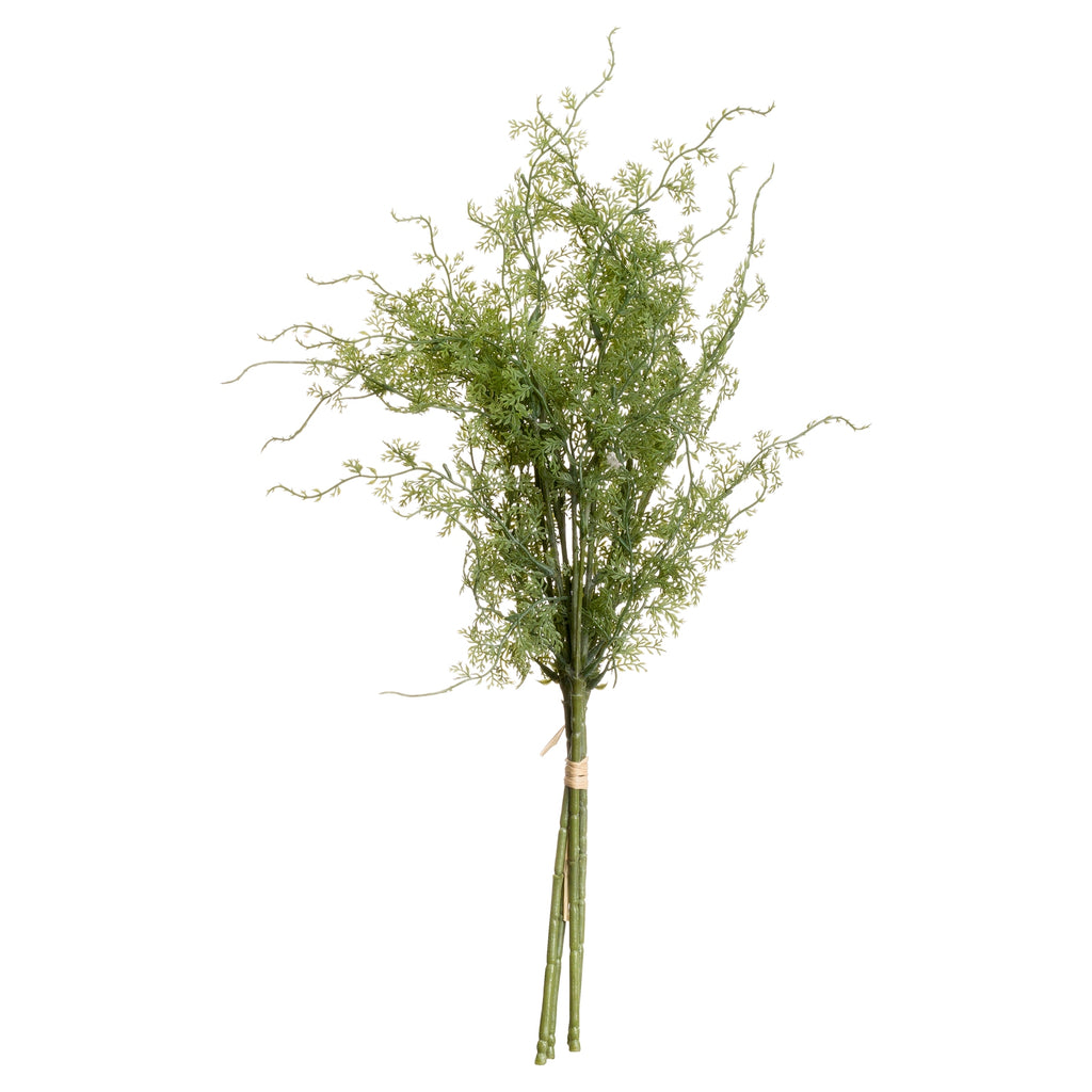 Full view of the Curltip artificial foliage bunch against white, with tied green stems and fine leafy branches curling outwards.