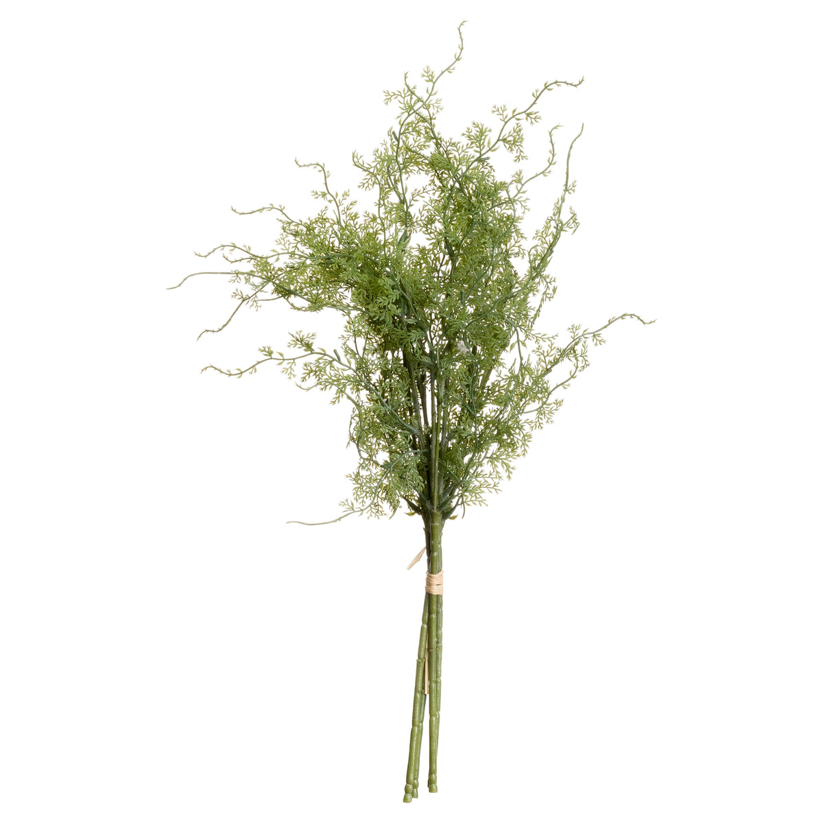 Full view of the Curltip artificial foliage bunch against white, with tied green stems and fine leafy branches curling outwards.
