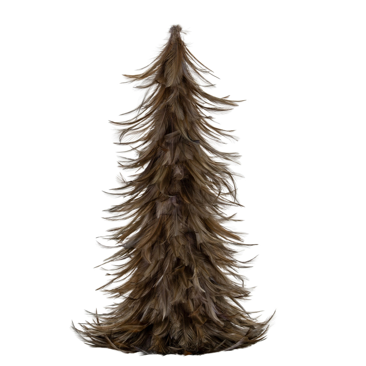 Full view of the Curltip Featherlook Decorative Tree, with a pointed top and overlapping brown feather-like layers curling outwards against a white background.