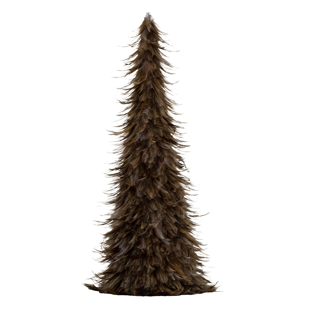 Full view of a tall conical decorative tree with overlapping brown, taupe and grey feather-like elements and wispy tips curling outwards.