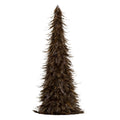 Full view of a tall conical decorative tree with overlapping brown, taupe and grey feather-like elements and wispy tips curling outwards.