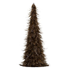 Full view of a tall conical decorative tree with overlapping brown, taupe and grey feather-like elements and wispy tips curling outwards.