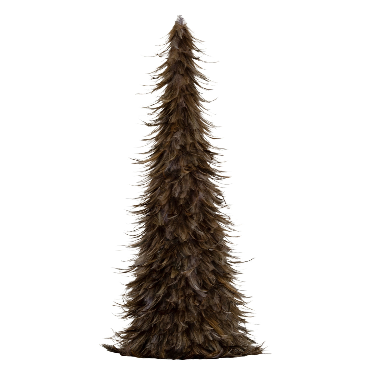 Full view of a tall conical decorative tree with overlapping brown, taupe and grey feather-like elements and wispy tips curling outwards.