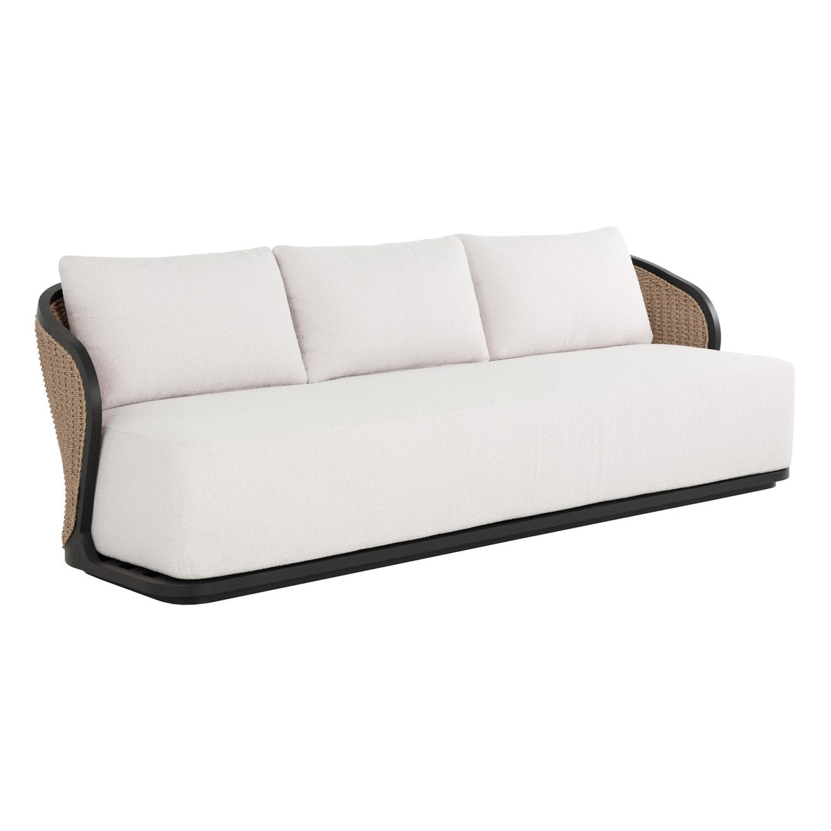 Angled front view of a curved woven sofa with cream textured cushions, natural-toned wicker sides and a matte black frame on a white background.