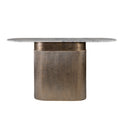 Front view of a console table with an elongated pale marble top and a champagne gold column base with fine vertical fluting.