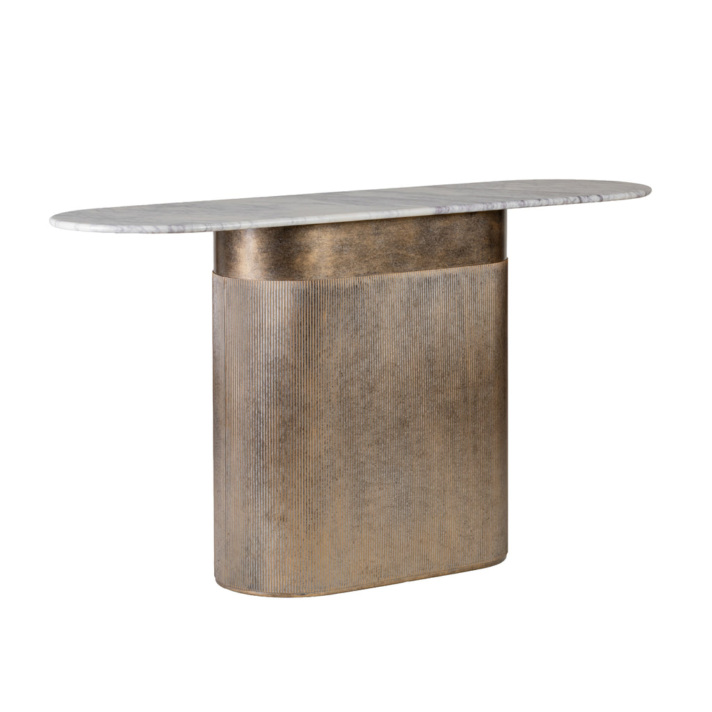Angled view showing the console table's rounded marble top extending beyond its curved, fluted gold-toned base.