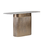 Angled view showing the console table's rounded marble top extending beyond its curved, fluted gold-toned base.