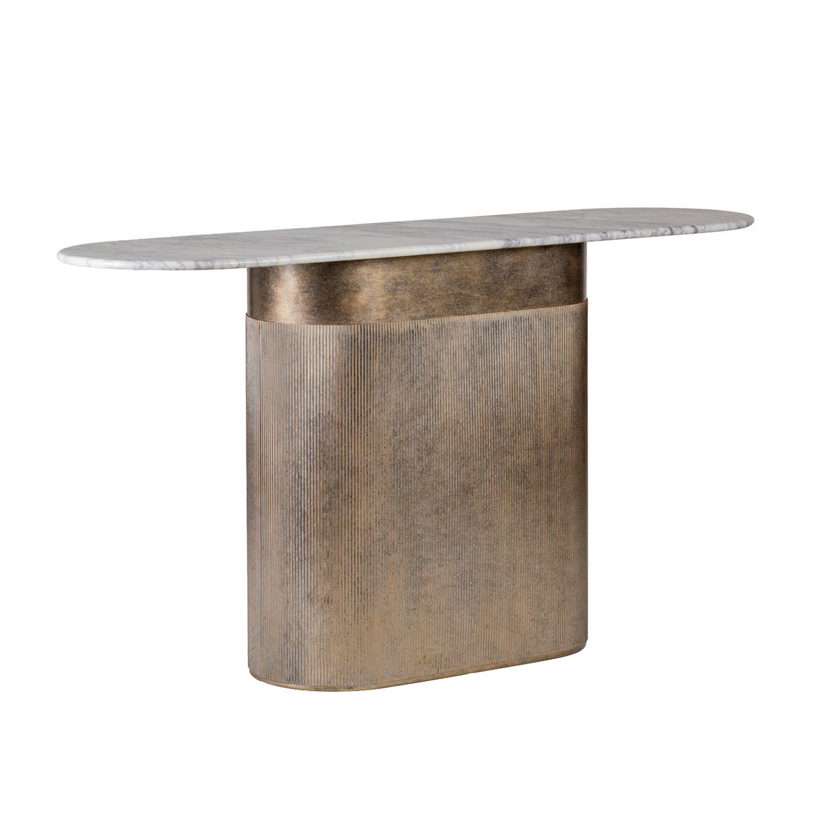Angled view showing the console table's rounded marble top extending beyond its curved, fluted gold-toned base.