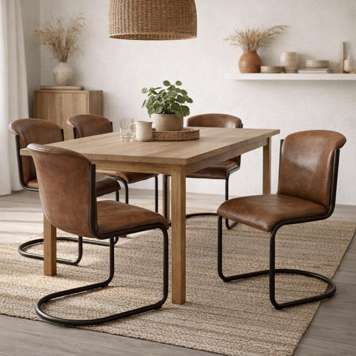 Brown curved dining chairs arranged around a pale wood table on a woven rug, with a plant centrepiece and woven pendant shade.