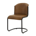 Three-quarter view of a brown armless dining chair with a curved back and dark tubular loop-shaped base on a white background.