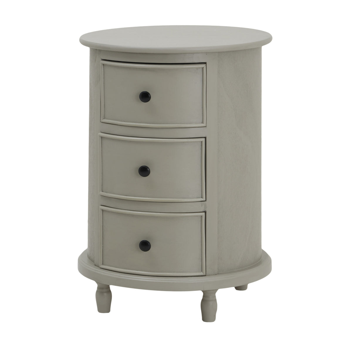 Pale grey cylindrical side table on a white background, with three curved framed drawer fronts, dark round knobs and short shaped feet.