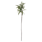 Full view of an artificial eucalyptus spray with a long dark brown stem and curved green leaves clustered around its upper branches on white.