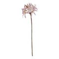 Full view of a long brown-green artificial stem topped with curved pale pink flowers and pointed olive buds against a white background.