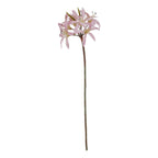 Full view of a long brown-green artificial stem topped with curved pale pink flowers and pointed olive buds against a white background.