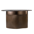 Front view of a console table with a dark veined marble top, rounded ends and a smoked gold curved base with a smooth upper band and fine vertical fluting.