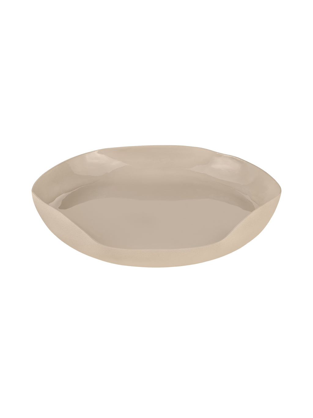Cream decorative tray viewed at an angle, showing its irregular outline and glossy interior.