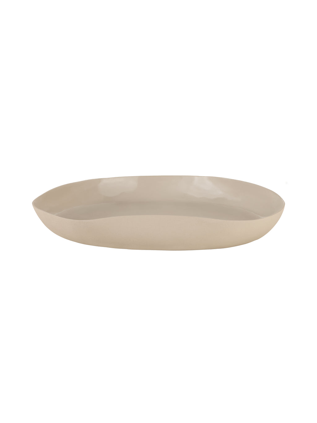 Low side view of the cream tray showing its shallow profile and upward-curving rim.