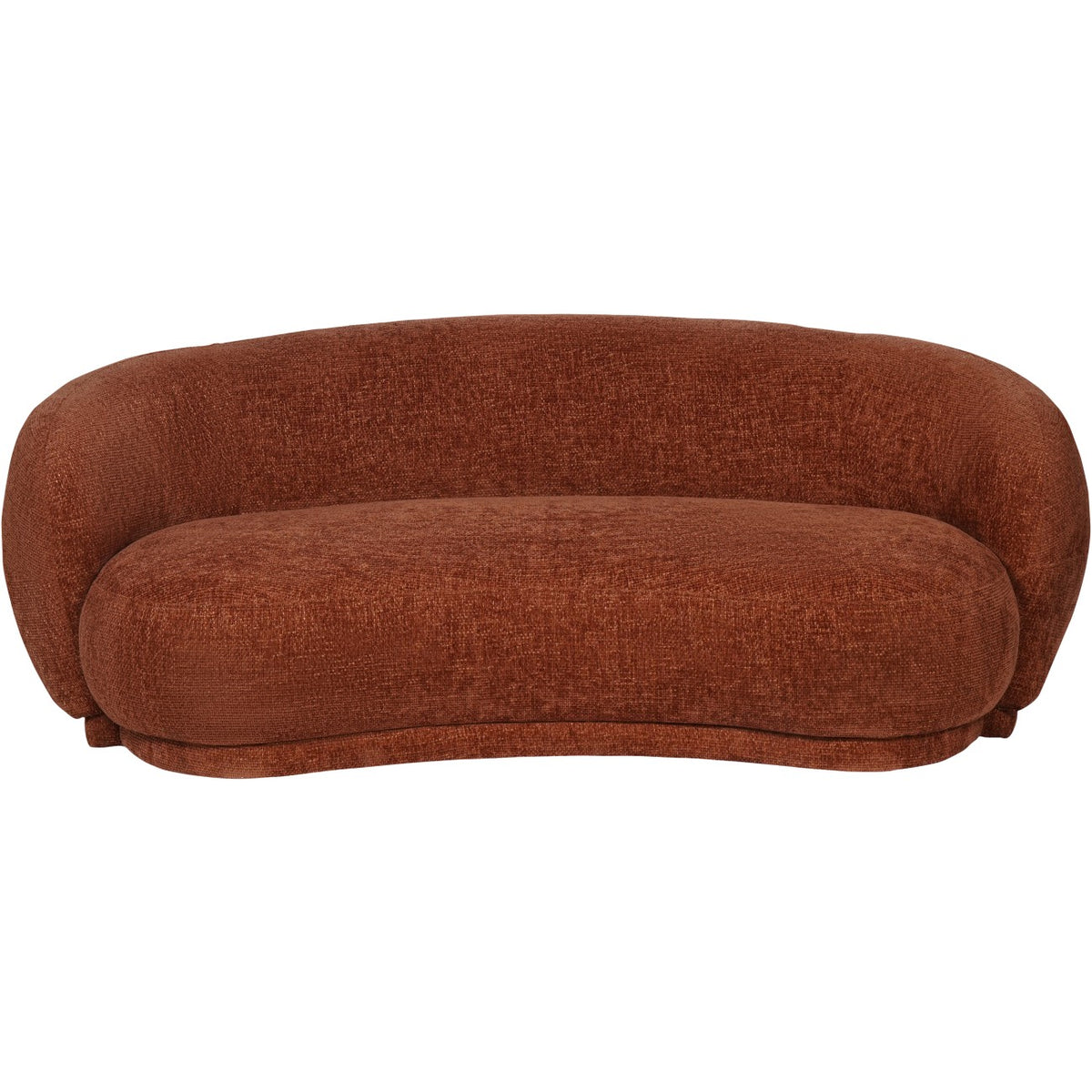 Front view of the terracotta sofa with a single broad seat cushion, low wraparound back and upholstered plinth.
