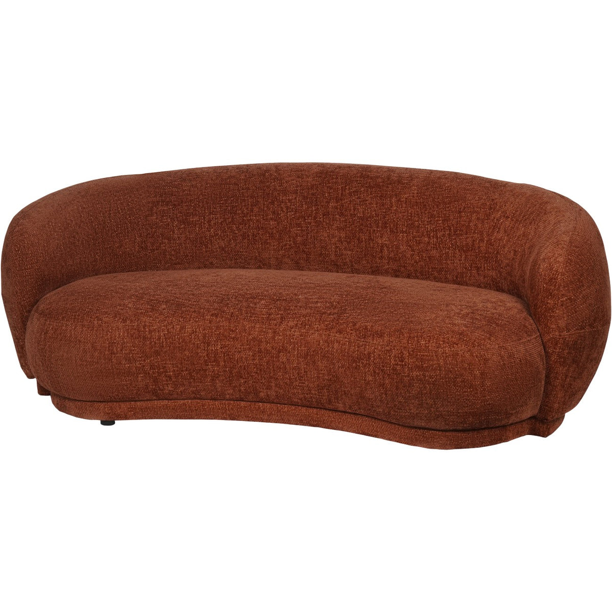 Angled front view of the terracotta sofa, showing its curved back, rounded arms and broad asymmetric seat.