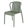 Three-quarter front view of a muted green dining chair with six curved slats, a rounded back frame and four legs against white.