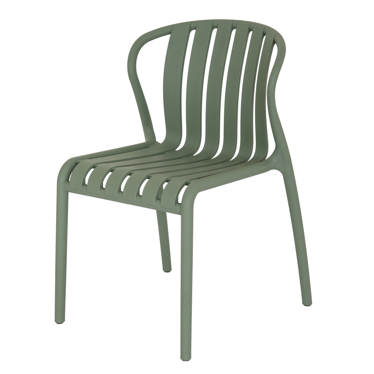 Three-quarter front view of a muted green dining chair with six curved slats, a rounded back frame and four legs against white.
