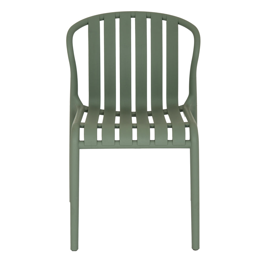Straight-on front view of the greenish-grey dining chair, showing six broad slats and open gaps within its rounded outline.
