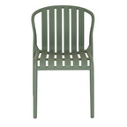 Straight-on front view of the greenish-grey dining chair, showing six broad slats and open gaps within its rounded outline.