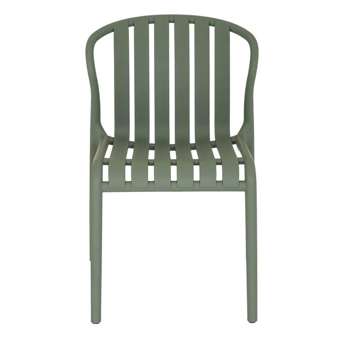 Straight-on front view of the greenish-grey dining chair, showing six broad slats and open gaps within its rounded outline.
